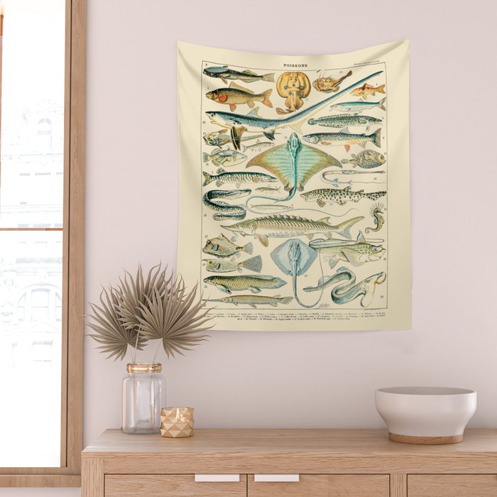 Vintage Fishing Diagram // Poissons II by Adolphe Millot 19th Century Science Textbook Artwork Wall Tapestry Gallery Image 2