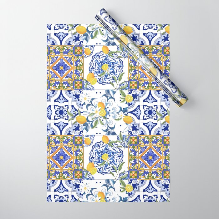 Summer, citrus ,Mediterranean style ,flowers,lemon fruit pattern  Wrapping Paper Gallery Image 1