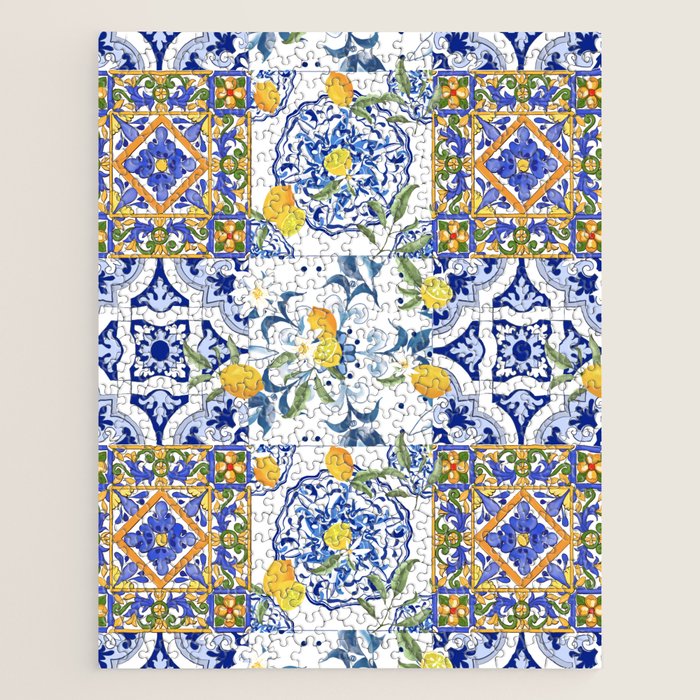 Summer, citrus ,Mediterranean style ,flowers,lemon fruit pattern  Jigsaw Puzzle Gallery Image 1
