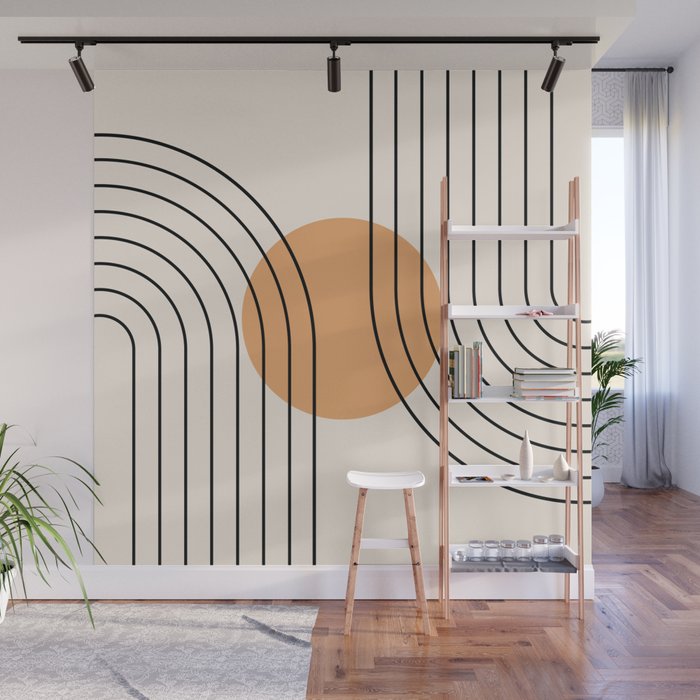 Geometric Lines in Black and Beige 14 (Rainbow and Sun Abstraction) Wall Mural Gallery Image 1