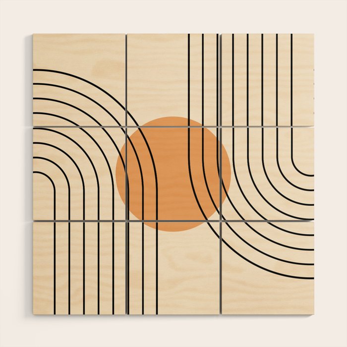 Geometric Lines in Black and Beige 14 (Rainbow and Sun Abstraction) Wood Wall Art Gallery Image 1