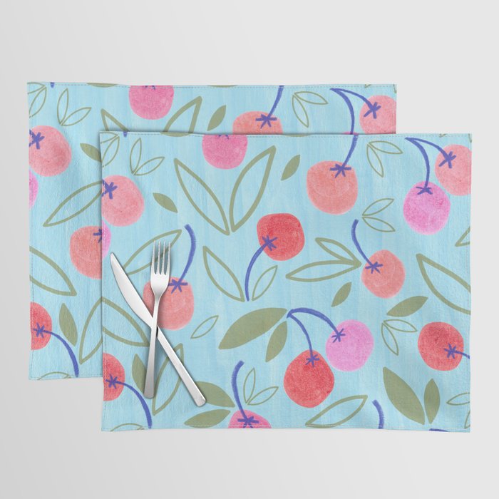 Cottagecore Cherry Pattern in Sky Blue Placemat Gallery Image 1