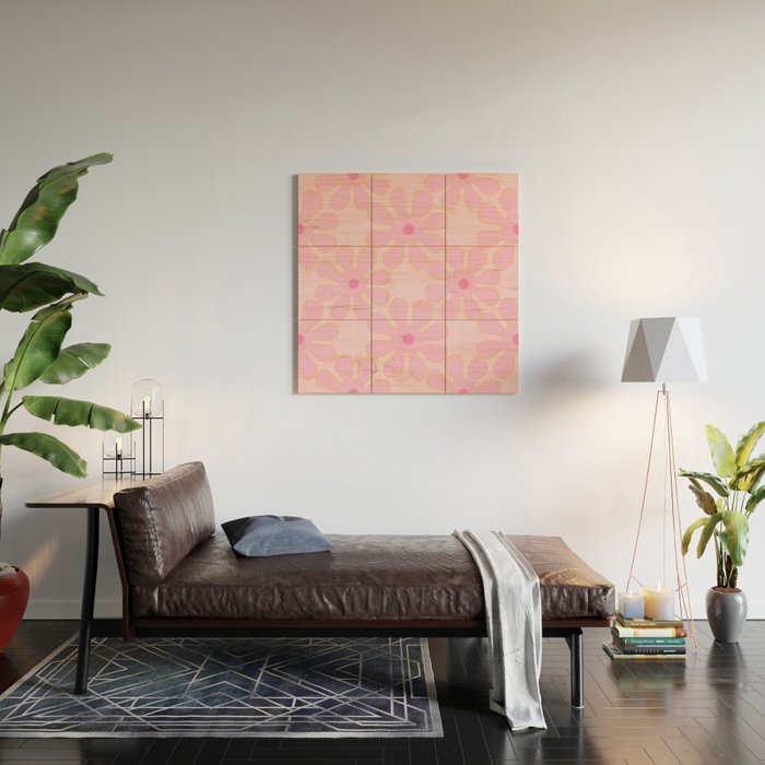 Pink Floral 70s Style Groovy Flowers Wood Wall Art Gallery Image 2