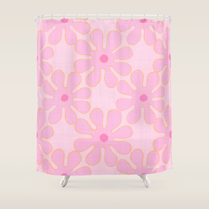 Pink Floral 70s Style Groovy Flowers Shower Curtain Gallery Image 1