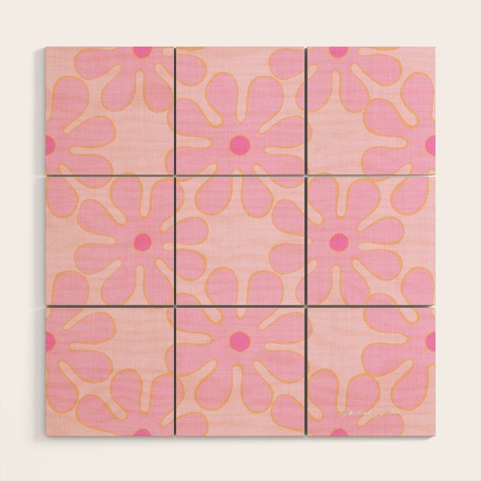 Pink Floral 70s Style Groovy Flowers Wood Wall Art Gallery Image 1