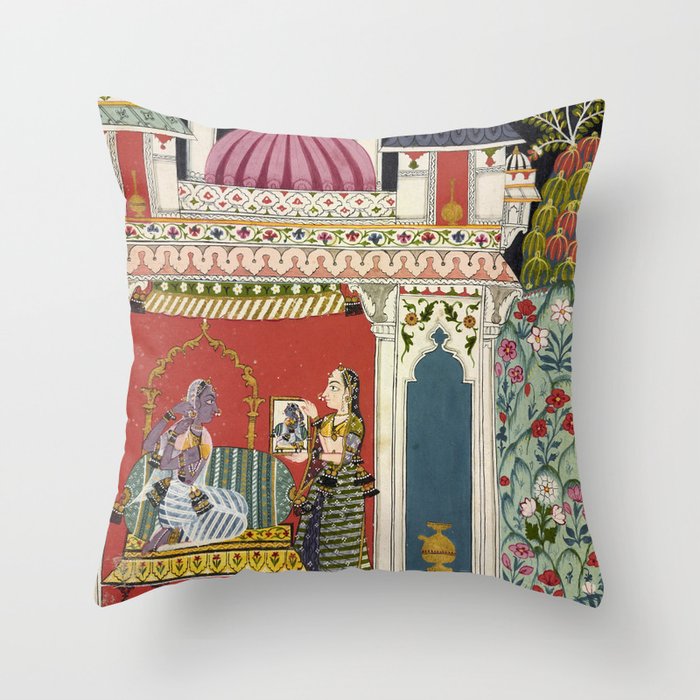 Antique Indian Illustration Princess Mirror Throw Pillow Gallery Image 1