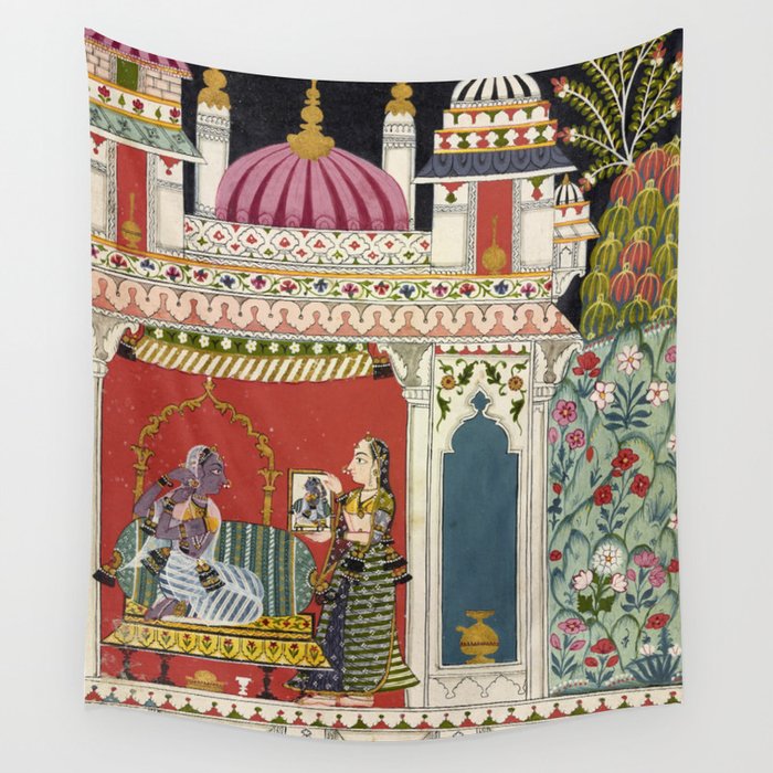 Antique Indian Illustration Princess Mirror Wall Tapestry Gallery Image 1