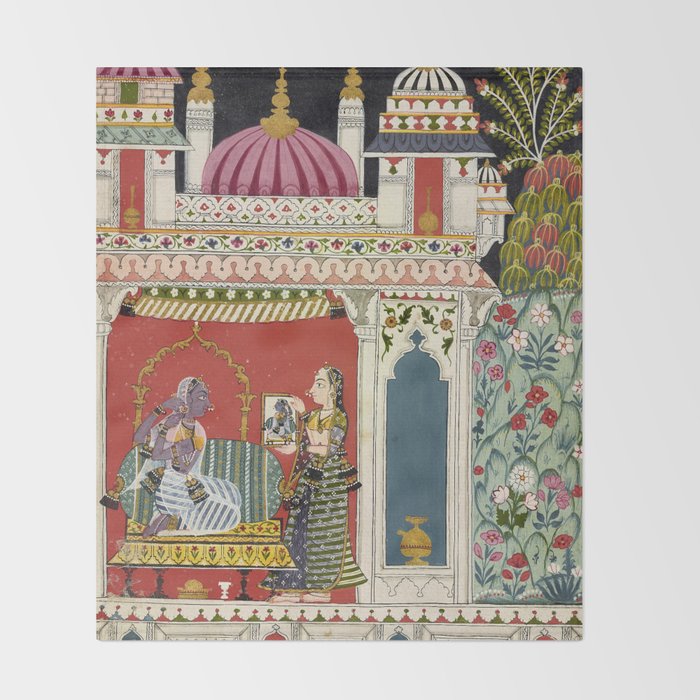 Antique Indian Illustration Princess Mirror Throw Blanket Gallery Image 2