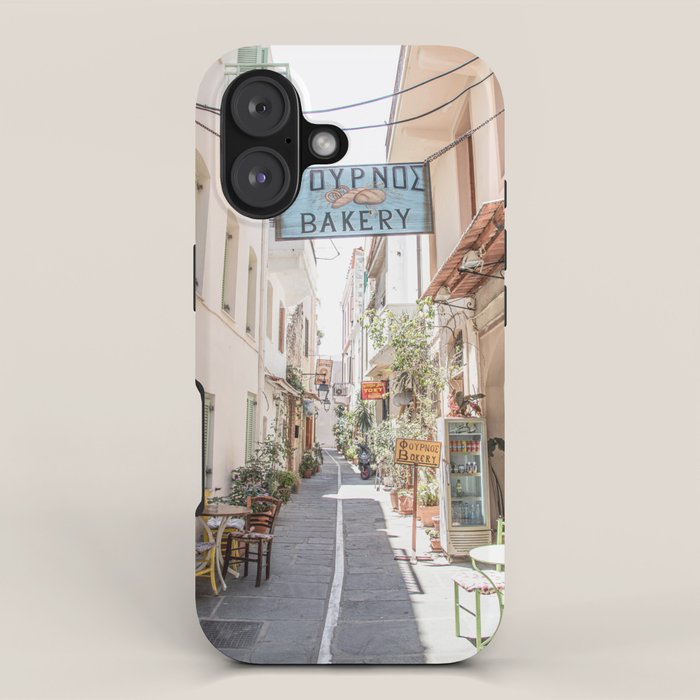 Street In Greece Photo | Pastel Village Houses Summer Art Print | Europe Digital Travel Photography iPhone Case Gallery Image 1
