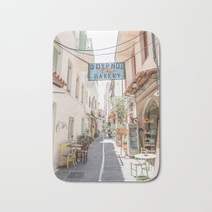 Street In Greece Photo | Pastel Village Houses Summer Art Print | Europe Digital Travel Photography Bath Mat Gallery Image 1