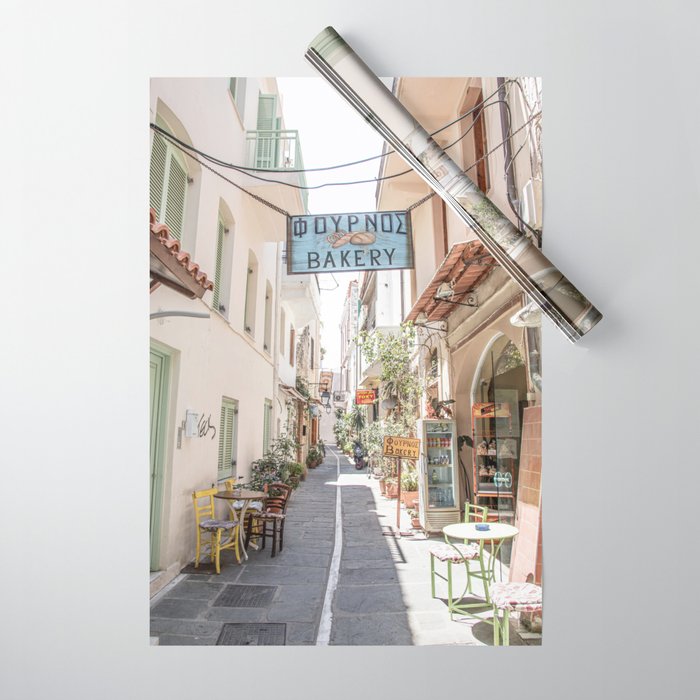 Street In Greece Photo | Pastel Village Houses Summer Art Print | Europe Digital Travel Photography Wrapping Paper Gallery Image 1
