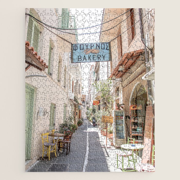 Street In Greece Photo | Pastel Village Houses Summer Art Print | Europe Digital Travel Photography Jigsaw Puzzle Gallery Image 1
