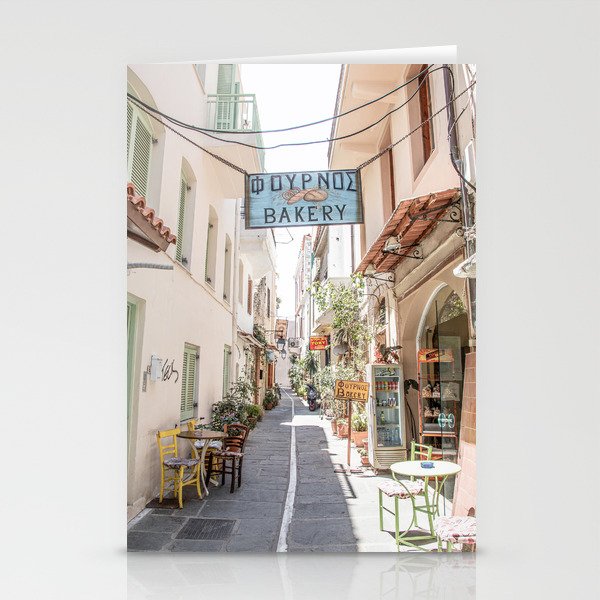 Street In Greece Photo | Pastel Village Houses Summer Art Print | Europe Digital Travel Photography Stationery Card Gallery Image 1