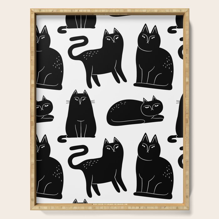 Funny black cat animal cartoon pattern Serving Tray Gallery Image 1