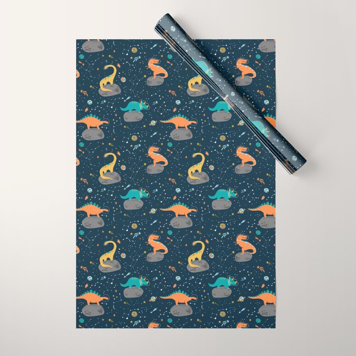 Dinosaurs Floating on an Asteroid Wrapping Paper Gallery Image 1