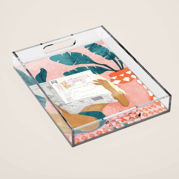 Modern Bohemian Morning Newspaper | Tropical Banana Leaves Palm Watercolor | Boho Woman & Decor Acrylic Tray Gallery Image 1