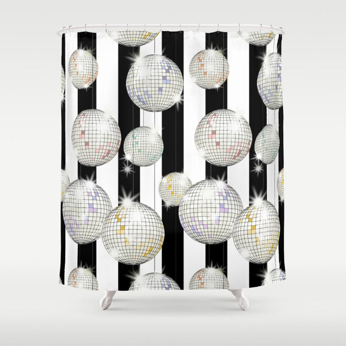 Striped Party Disco Ball black and white Shower Curtain Gallery Image 1