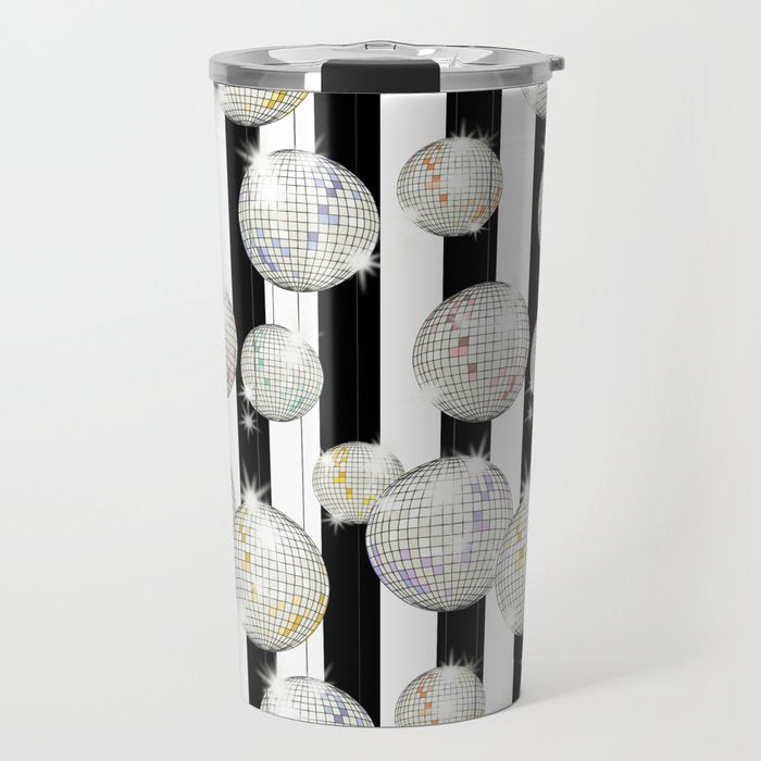 Striped Party Disco Ball black and white Travel Mug Gallery Image 1
