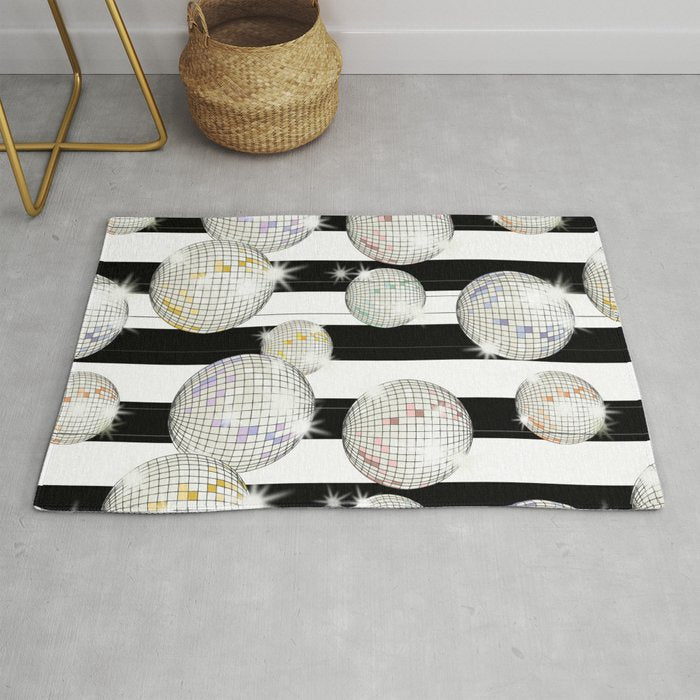 Striped Party Disco Ball black and white Rug Gallery Image 1