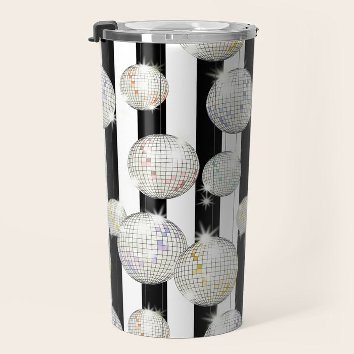 Striped Party Disco Ball black and white Travel Mug Gallery Image 3