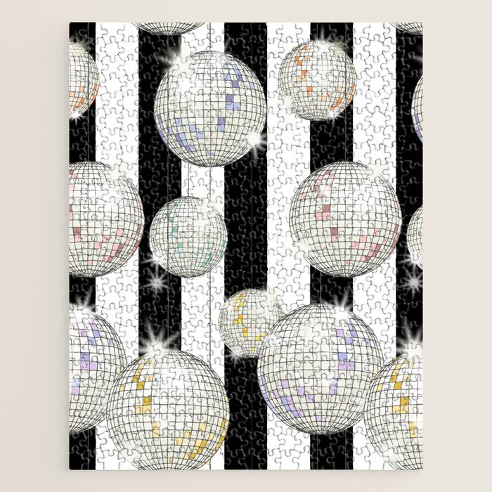 Striped Party Disco Ball black and white Jigsaw Puzzle Gallery Image 1