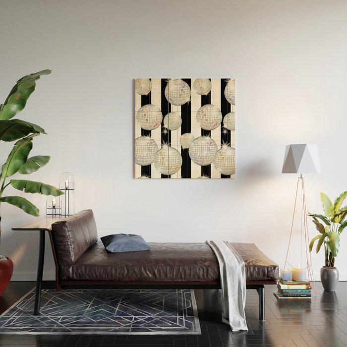 Striped Party Disco Ball black and white Wood Wall Art Gallery Image 2