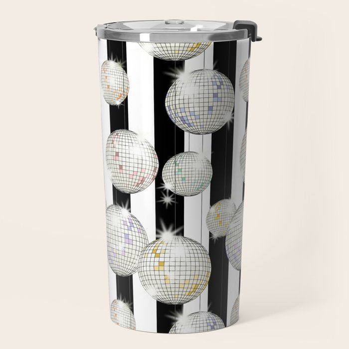 Striped Party Disco Ball black and white Travel Mug Gallery Image 2