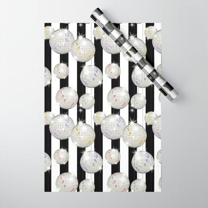 Striped Party Disco Ball black and white Wrapping Paper Gallery Image 1