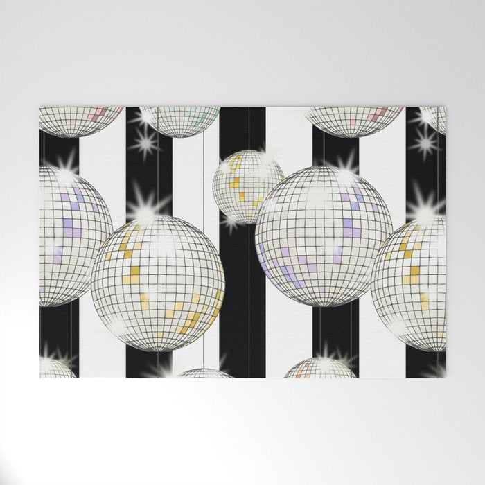 Striped Party Disco Ball black and white Welcome Mat Gallery Image 1