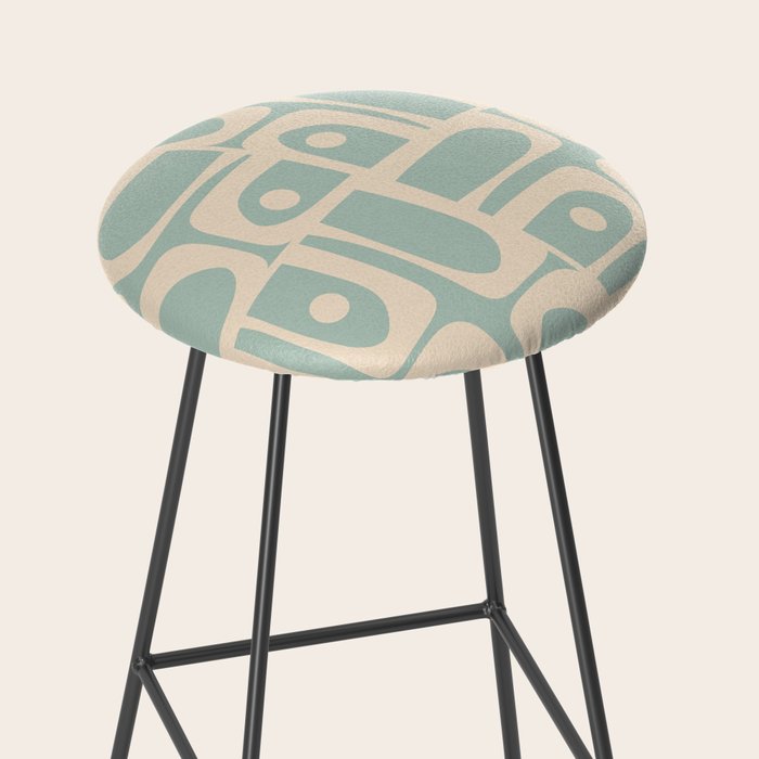 Mid Century Modern Piquet Multi Geometric Pattern in Light Celadon Blue and Cream Stool Gallery Image 2