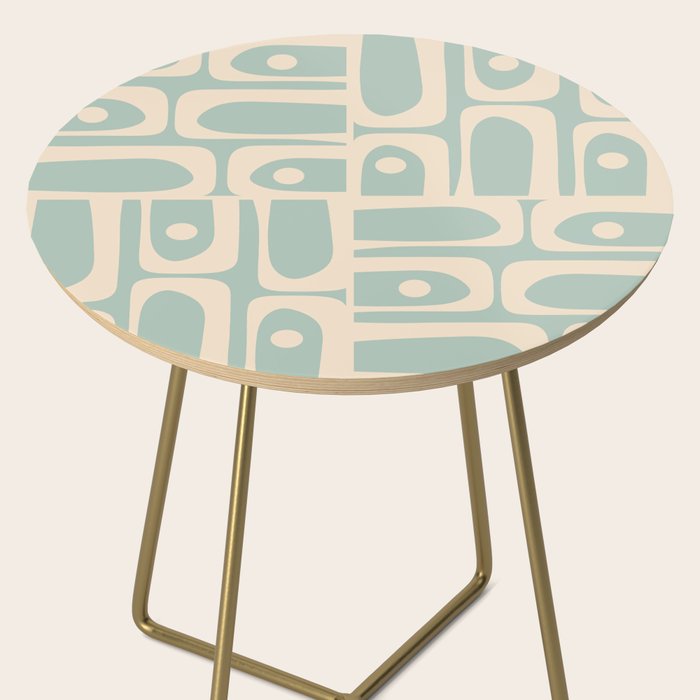Mid Century Modern Piquet Multi Geometric Pattern in Light Celadon Blue and Cream Side Table Gallery Image 2