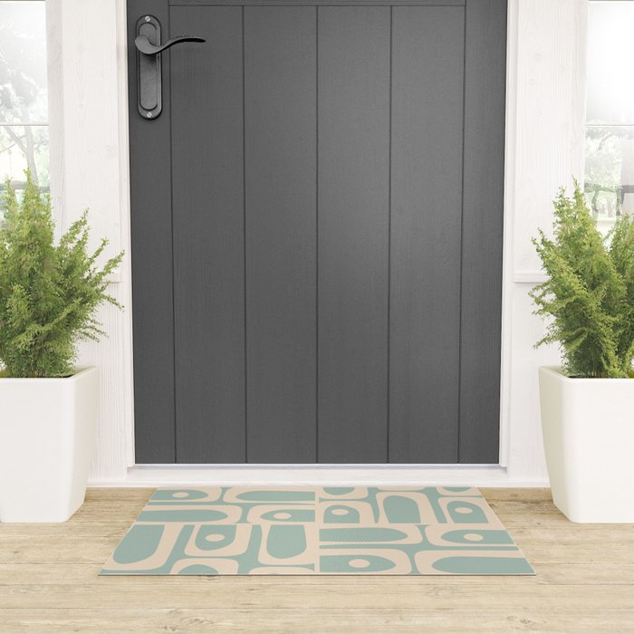Mid Century Modern Piquet Multi Geometric Pattern in Light Celadon Blue and Cream Welcome Mat Gallery Image 3