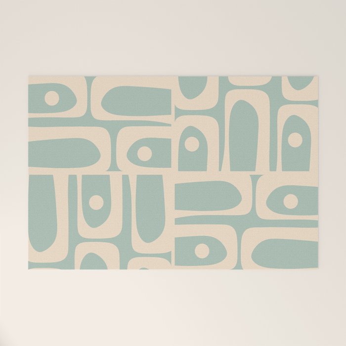 Mid Century Modern Piquet Multi Geometric Pattern in Light Celadon Blue and Cream Welcome Mat Gallery Image 1