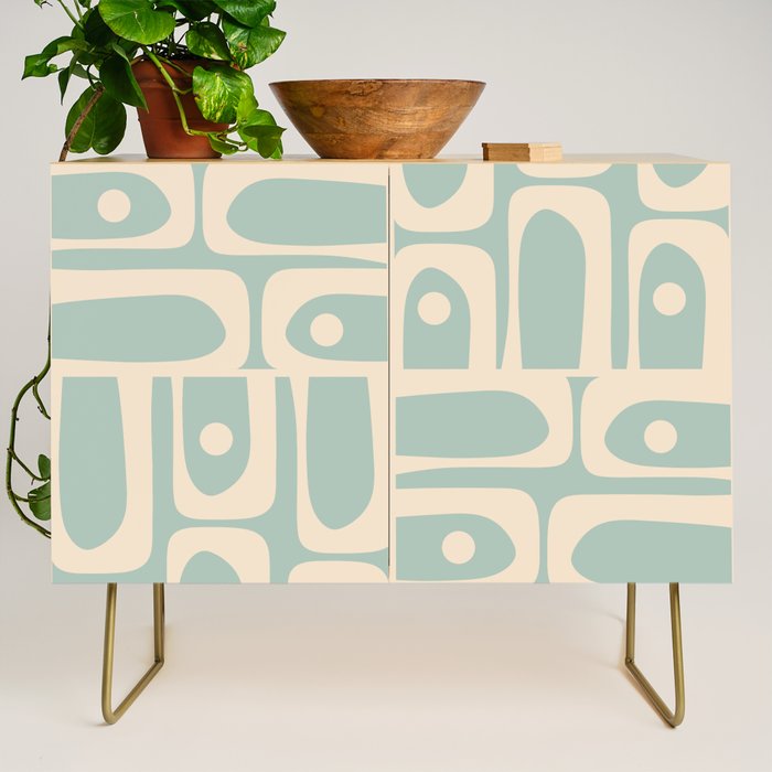 Mid Century Modern Piquet Multi Geometric Pattern in Light Celadon Blue and Cream Credenza Gallery Image 1