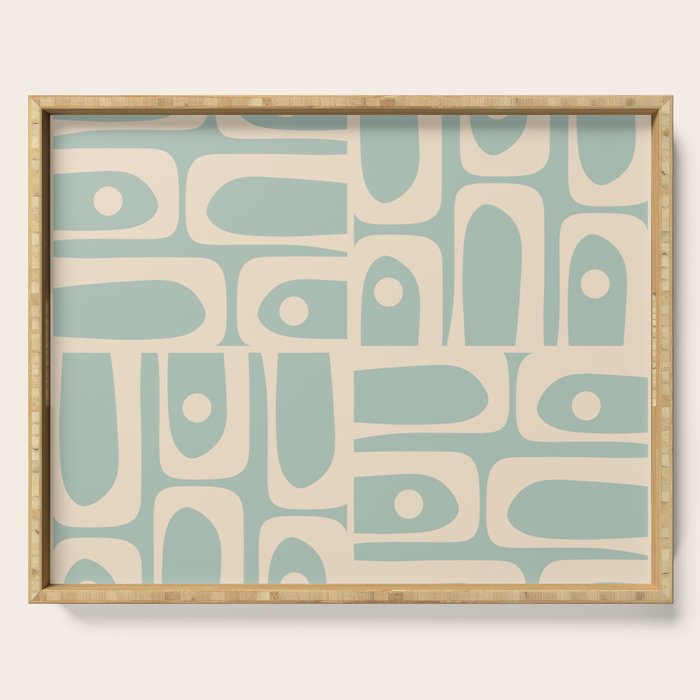Mid Century Modern Piquet Multi Geometric Pattern in Light Celadon Blue and Cream Serving Tray Gallery Image 1