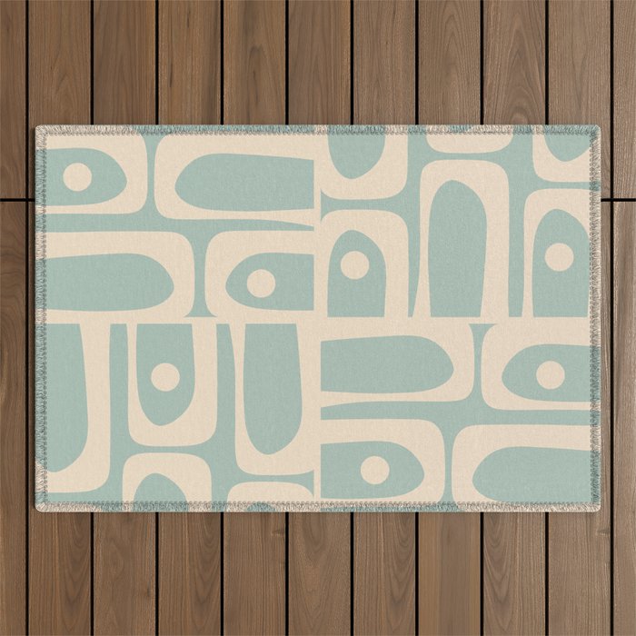 Mid Century Modern Piquet Multi Geometric Pattern in Light Celadon Blue and Cream Outdoor Rug Gallery Image 1