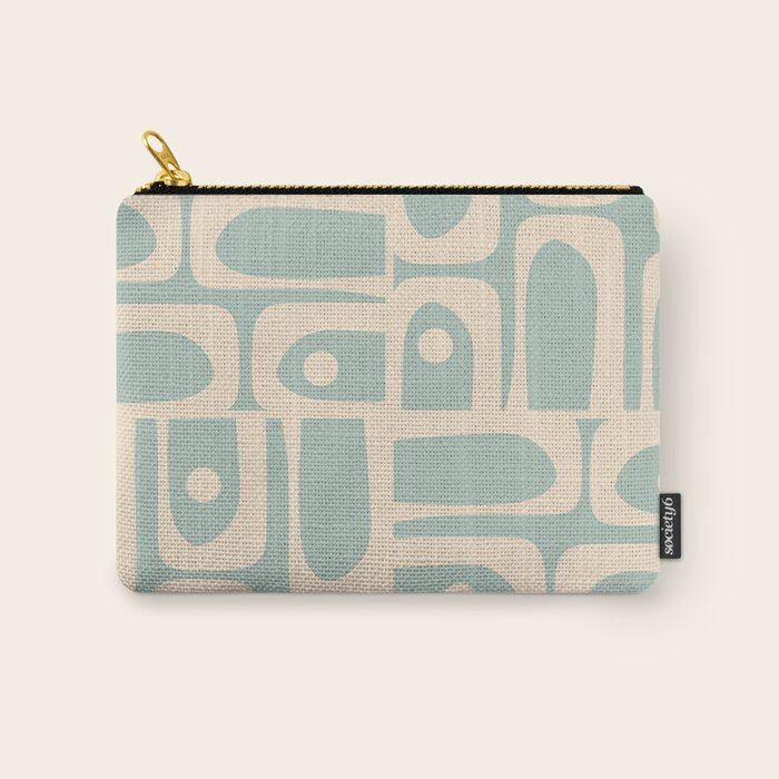 Mid Century Modern Piquet Multi Geometric Pattern in Light Celadon Blue and Cream Carry All Pouch Gallery Image 1