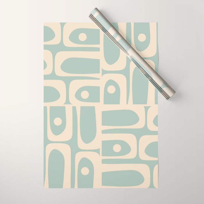 Mid Century Modern Piquet Multi Geometric Pattern in Light Celadon Blue and Cream Wrapping Paper Gallery Image 1