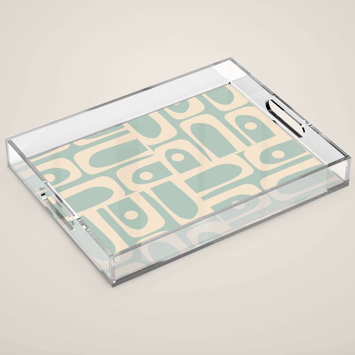 Mid Century Modern Piquet Multi Geometric Pattern in Light Celadon Blue and Cream Acrylic Tray Gallery Image 1
