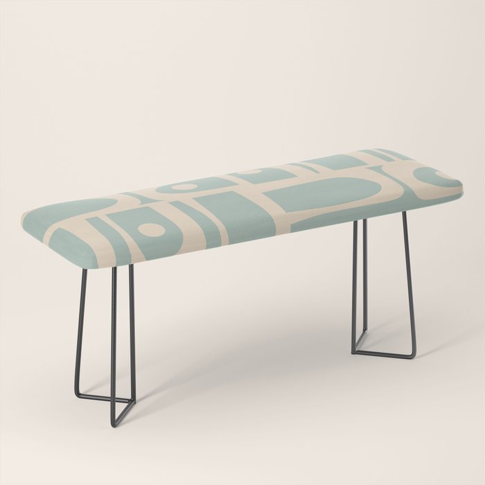 Mid Century Modern Piquet Multi Geometric Pattern in Light Celadon Blue and Cream Bench Gallery Image 1