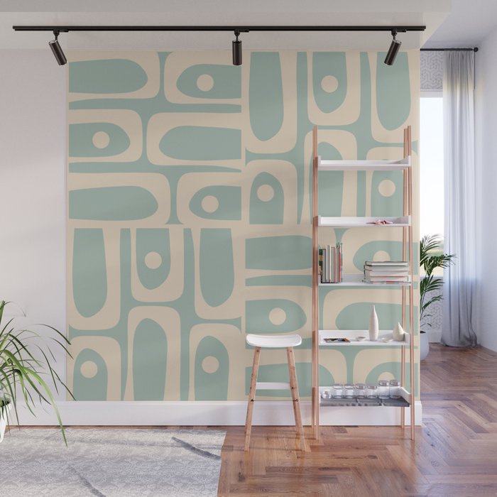 Mid Century Modern Piquet Multi Geometric Pattern in Light Celadon Blue and Cream Wall Mural Gallery Image 1