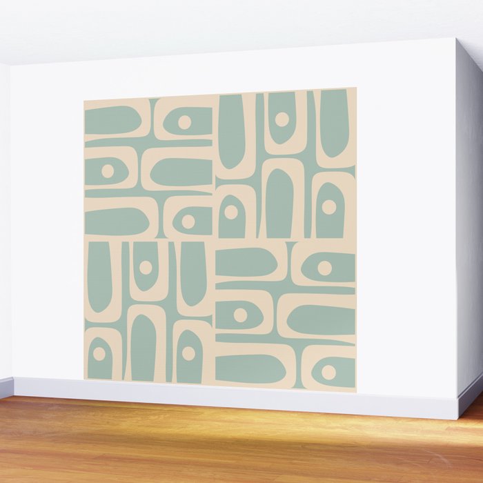 Mid Century Modern Piquet Multi Geometric Pattern in Light Celadon Blue and Cream Wall Mural Gallery Image 2