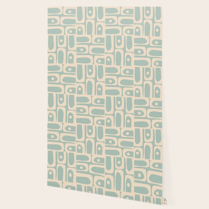 Mid Century Modern Piquet Multi Geometric Pattern in Light Celadon Blue and Cream Wallpaper Gallery Image 2