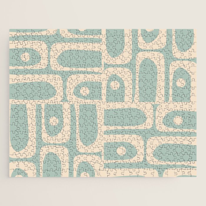 Mid Century Modern Piquet Multi Geometric Pattern in Light Celadon Blue and Cream Jigsaw Puzzle Gallery Image 1