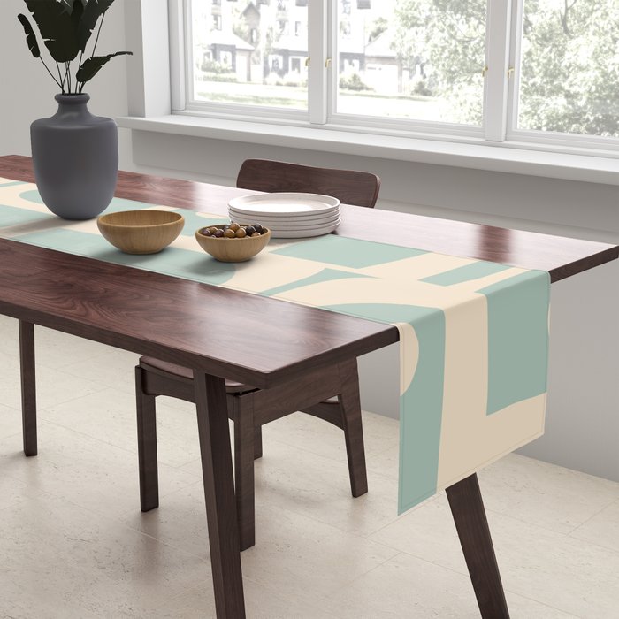Mid Century Modern Piquet Multi Geometric Pattern in Light Celadon Blue and Cream Table Runner Gallery Image 2