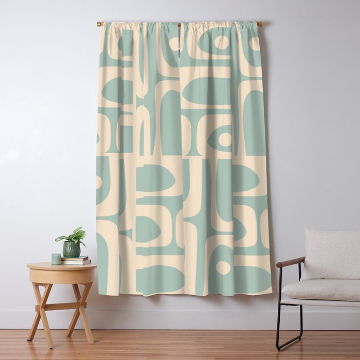 Mid Century Modern Piquet Multi Geometric Pattern in Light Celadon Blue and Cream Window Curtain Gallery Image 5