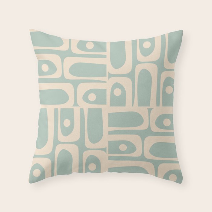 Mid Century Modern Piquet Multi Geometric Pattern in Light Celadon Blue and Cream Throw Pillow Gallery Image 6