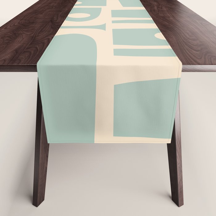 Mid Century Modern Piquet Multi Geometric Pattern in Light Celadon Blue and Cream Table Runner Gallery Image 1