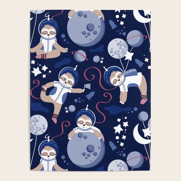 Best Space To Be // navy blue background indigo moons and cute astronauts sloths Poster Gallery Image 1