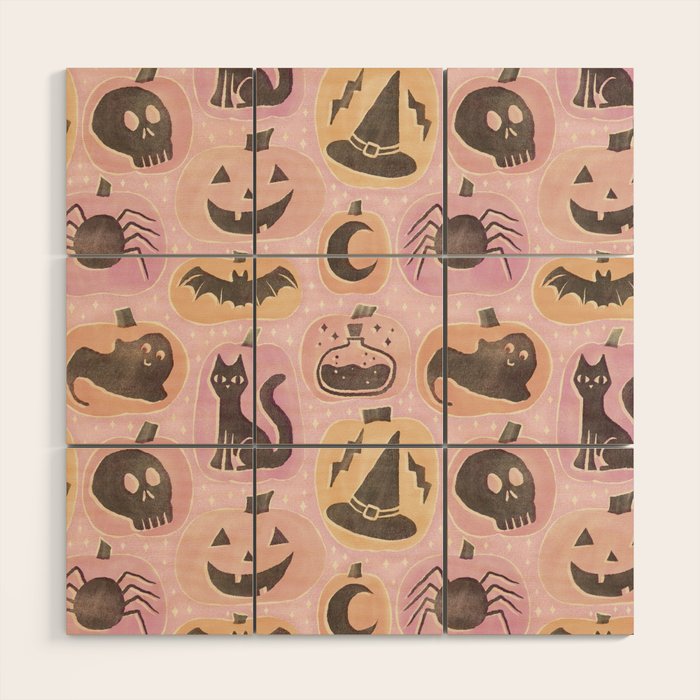 Halloween Pumpkins - vintage pink and black  Wood Wall Art Gallery Image 1